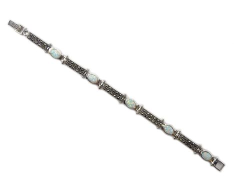 Silver opal and marcasite link bracelet, stamped 925Condition Report:Length = 19cm, good condition