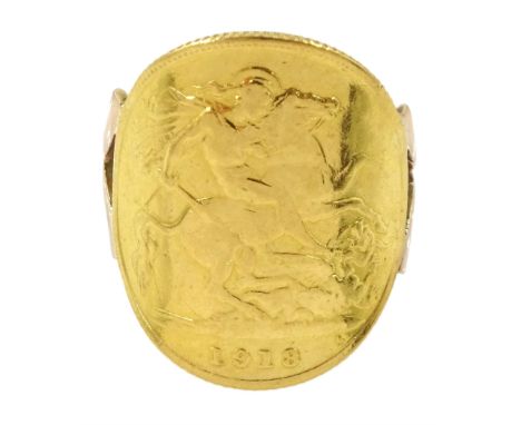 Kind George V 1913 gold half sovereign ringCondition Report:Approx 4.85gm, soldered shank tested 9ct, size J-K, coin worn