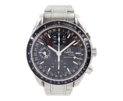 Omega Speedmaster gentleman's stainless steel automatic triple date automatic wristwatch, black dial with subsidereary dials,