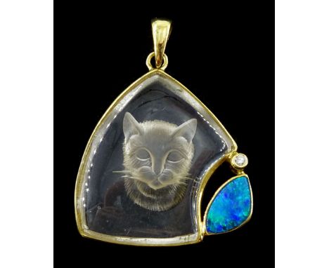 18ct gold rock crystal intaglio depicting a cat, opal doublet and round brilliant cut diamond pendant, hallmarkedCondition Re