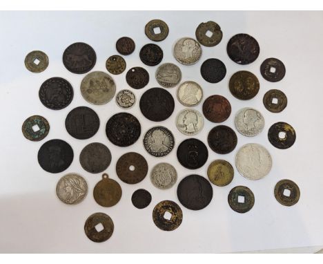 Mixed coins - Mexico 1779 2 Reales, Spain 1870 1 Peseta, Ducy of Savoy 1794 20 Soldi, France 1868 1 Franc, USA 1891 one Dime,