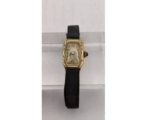 A 18ct gold ladies Art Deco manual wind wrist watch on a fabric strapLocation: 