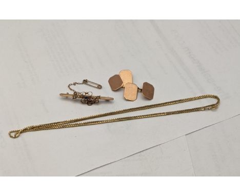 Mixed 9ct gold jewellery a brooch, cufflinks and necklace A/F total weight 11.9gLocation: 