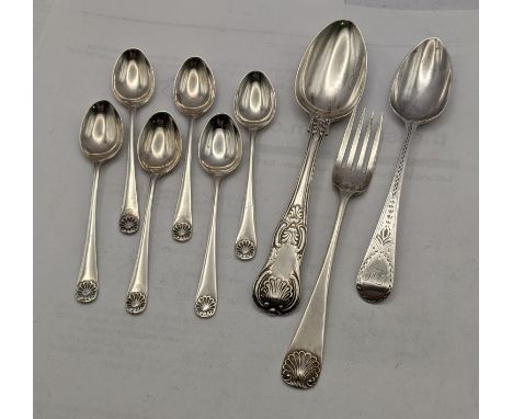 A set of six silver shell terminal coffee spoons, a fork, a Kings pattern and a bright cut spoons 118gLocation: 