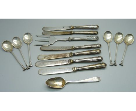 A set of six siler spoons, a set of six silver handled knives, a silver spoon with monogram and a silver handled fork, (weigh