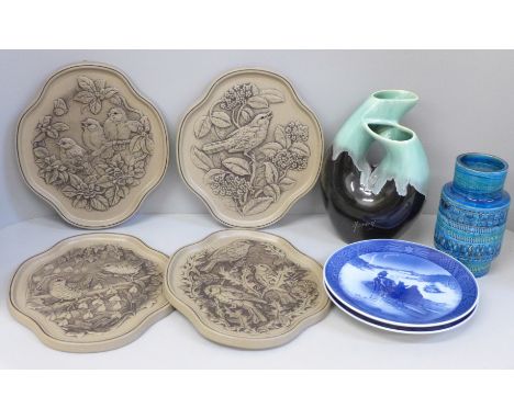Two Royal Copenhagen Christmas side plates, four Poole Pottery Four Seasons plates, an Aldo Londi Bitossi ceramic vase and a 