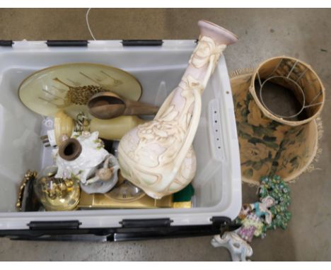 A box of assorted items including a table lamp, vase, four clocks, treen, china, etc. **PLEASE NOTE THIS LOT IS NOT ELIGIBLE 