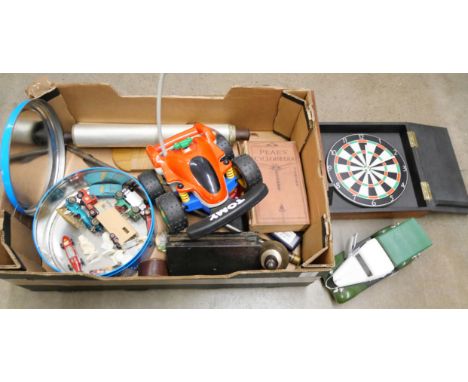 A box of assorted items, Chinese scroll, Pears' Cyclopedia, book rest, Solido model vehicles, a tin of die-cast model vehicle