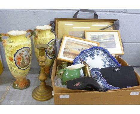 A pair of vases, other china inckluding a Clarice Cliff jug, a brass candlestick, decanters (lacking contents), etc., and a c