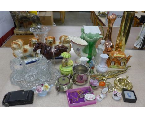 Assorted items, including a brass shell case, a Mappin &amp; Webb bowl, a crocodile nut cracker, other china and glass, costu