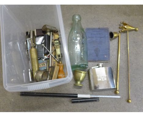 A collection of lighters, a vintage Thomas Edmondson lemonade bottle, thermometer, etc. 