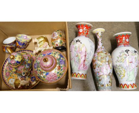 A collection of Oriental ceramics including an eggshell porcelain vase, a/f, (reglued), a cloisonne egg on a stand, a pair of