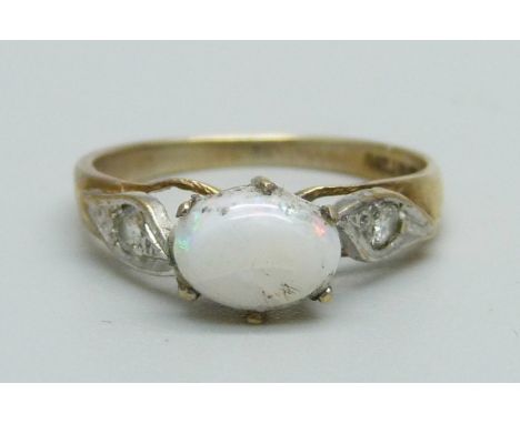 A 9ct gold, opal and white stone ring, 1.6g, K 