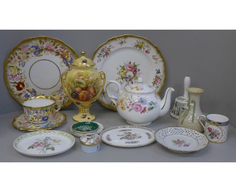 A Hammersley cup, saucer and dinner plate, one other cabinet plate, Duchess tea pot, Aynsley Orchard Gold lidded vase and oth
