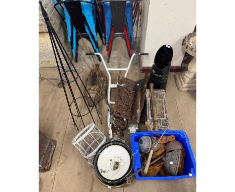 Assorted metalware, including shoe lasts, vintage tools, etc.