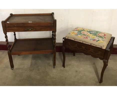 An oak barleytwist trolley and a mahogany piano stool 