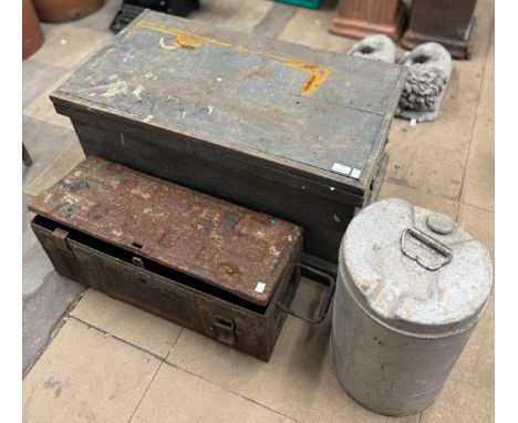 A pine tool chest, metal ammunition crate and a galvanised urn