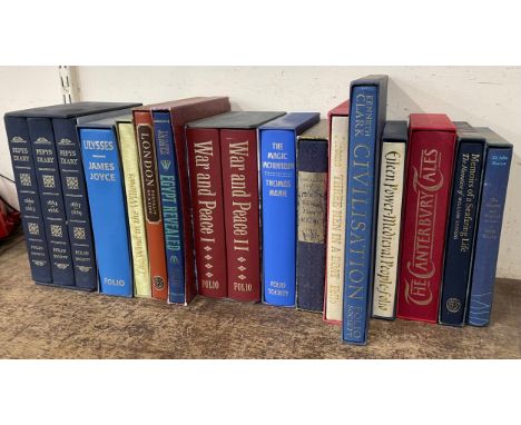 A large collection of Folio Society and other hardback books, including War &amp; Peace and Pepys diary