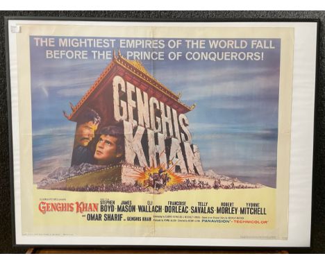 Three vintage movie posters, including a Genghis Khan 1985 poster, framed