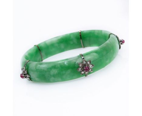Approx. .80 Carat Diamond, 1.30 Carat Cabochon Ruby and 14 Karat White Gold Mounted Jadeite Bangle Bracelet. Unsigned. Very g