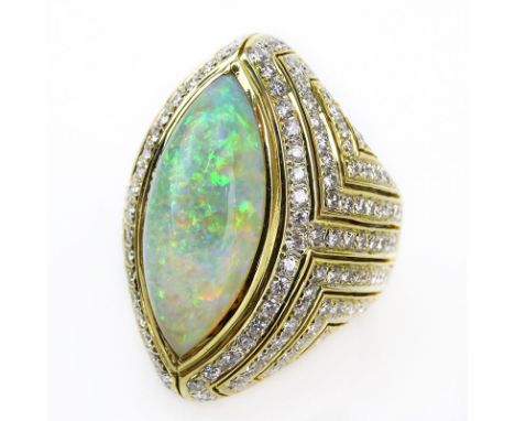 Approx. 10.0 Carat Marquise Cut Opal, 3.0 carat Pave Set Round Brilliant Cut Diamond and 18 Karat Yellow Gold Ring. Opal with