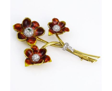 Approx. 1.10 Carat Pave Set Round Brilliant Cut Diamond, .20 Carat Green Sapphire, Enamel and 18 Karat yellow Gold Flower Bro