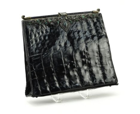 Vintage Black Alligator  Clutch Purse with Marcasite and Inlaid Frame. Fading to makers mark, rubbing and losses to frame, st
