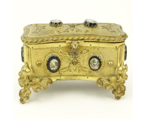 Antique Victorian Style Gilt Brass Micro Mosaic Box. Includes two miniature glass perfume bottles with gilt brass and enamel 