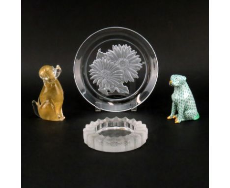 Grouping of Four (4) Vintage Tableware. Includes: Lalique "Jamaique" ashtray, Murano Seguso dog, T. Yamamoto Dahlia crystal p