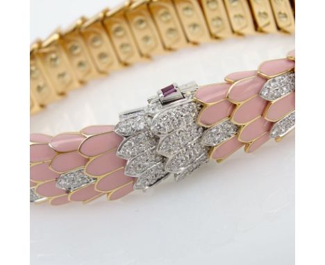 Roberto Coin Approx. 2.01 Carat Pave Set Round Brilliant Cut Diamond, 18 Karat Rose and White Gold and Enamel Cobra Bracelet.