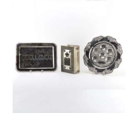 Three (3) Piece Judaica Lot. Includes: 2 silver plate platters, Vintage Hebrew Bible With Metal Cover Set With Turquoise. Uns