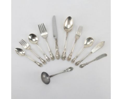 Sixty-Nine (69) Piece Alvin "Chateau Rose" Sterling Silver Flatware Set. Includes: 9 forks 7-1/4", 8 knives 8-3/4", 8 salad f