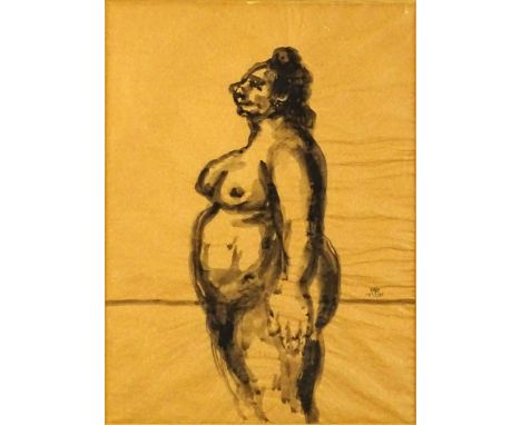 Benjamin D. Kopman (Russian American 1887-1965) Nude figure, Ink Wash Drawing on tan Onion Paper. Signed with symbol and date