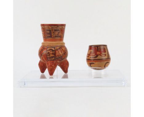 Collection of Two (2) Pre Columbian Polychrome Mayan Ceramic Vessels on Lucite Stand. Some rubbing. Largest measures 6-7/8" H