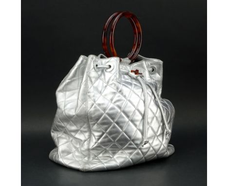 Chanel Silver Quilted Lambskin Leather Large Tote with Tortoise Handles. Embossed CC Logo, leather piping and trim, silver-to