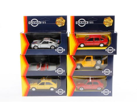 6 Gama Modellfahrzeuge, Alterungsspuren, je im tw leicht besch. Karton, meist Z 2