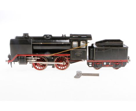 Märklin B-Dampflok R 921, Spur 1, Uhrwerk intakt, schwarz, mit Tender, gW und 2 fremden el. bel. Stirnlampen, LS und gealtert