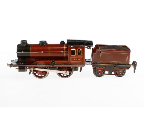 Märklin B-Dampflok R 950, Spur 0, Uhrwerk intakt, rotbraun/schwarz, mit Tender, LS und gealterter Lack, sonst noch Z 2-3
