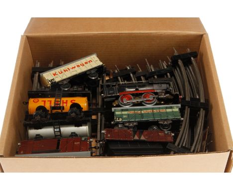 Bub Eisenbahn, Spur S, elektr., mit Lok, Tender, 6 Wagen und Schienenmaterial, Alterungs- und Gebrauchsspuren, Z 3