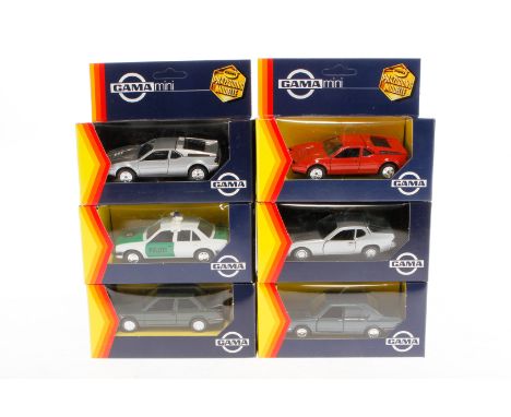 6 Gama Modellfahrzeuge, Alterungsspuren, je im tw leicht besch. Karton, meist Z 2