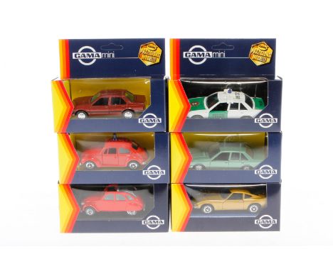 6 Gama Modellfahrzeuge, Alterungsspuren, je im tw leicht besch. Karton, meist Z 2