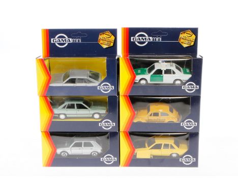 6 Gama Modellfahrzeuge, Alterungsspuren, je im tw leicht besch. Karton, meist Z 2