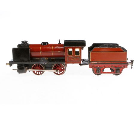 Märklin B-Dampflok R 971, Spur 1, Uhrwerk intakt, rotbraun/schwarz, mit Tender, tw besch., Z 3