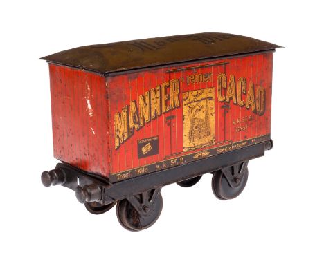 Eisenbahn-Wagen als Keksdose ”Manner`s Cacao”, uralt, CL, Dach zum Aufklappen, Alterungsspuren, tw kleine RS, auch für Spurwe