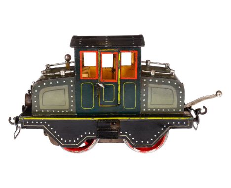 Märklin B-Vollbahnlok V 1022, Spur 2, uralt, HL, Uhrwerk intakt (hakt), v+r, mit Bremse, ohne Pantograph, mit 2 Stecklaternen