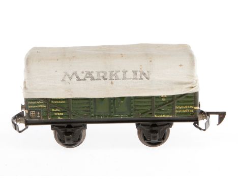 Märklin Planewagen 1763 K, Spur 0, CL, mit automat. Kupplung, LS tw ausgeb., gealterter Lack, L 16,5, Z 2-3