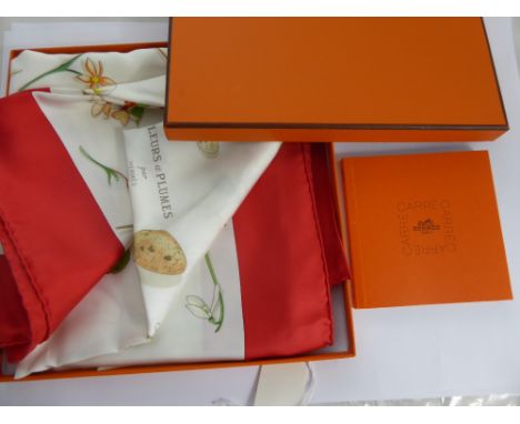 A Lady's Silk Hermes Scarf, "La Fleurs et Plume" designed by Leigh P. Cook for Hermes 2006 in the original box with booklet.