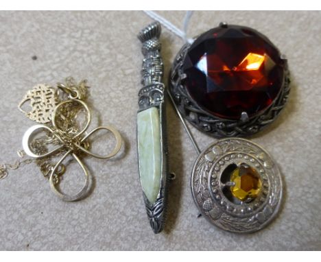 Miscellaneous Jewellery, including three Celtic brooches, two fine chains with pendants.