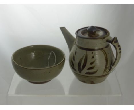 A Michael Leach St Ives Studio Pottery Bowl, approx 14.5 cms together with a Michael Leach St Ives Studio Tea Pot 16.5 cms (2