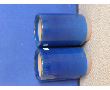 Three Ceramic Garden Plant Pots, two blue glazed tuber pots and a single olive green glazed pot. (3)
